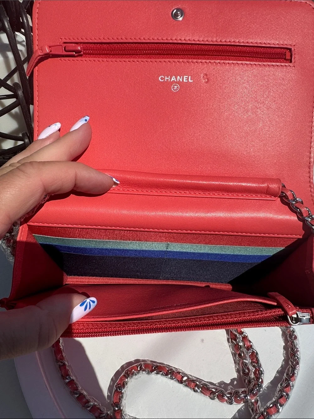 CHANEL Coral Quilted Leather Crossbody with Blue and Mint Trim